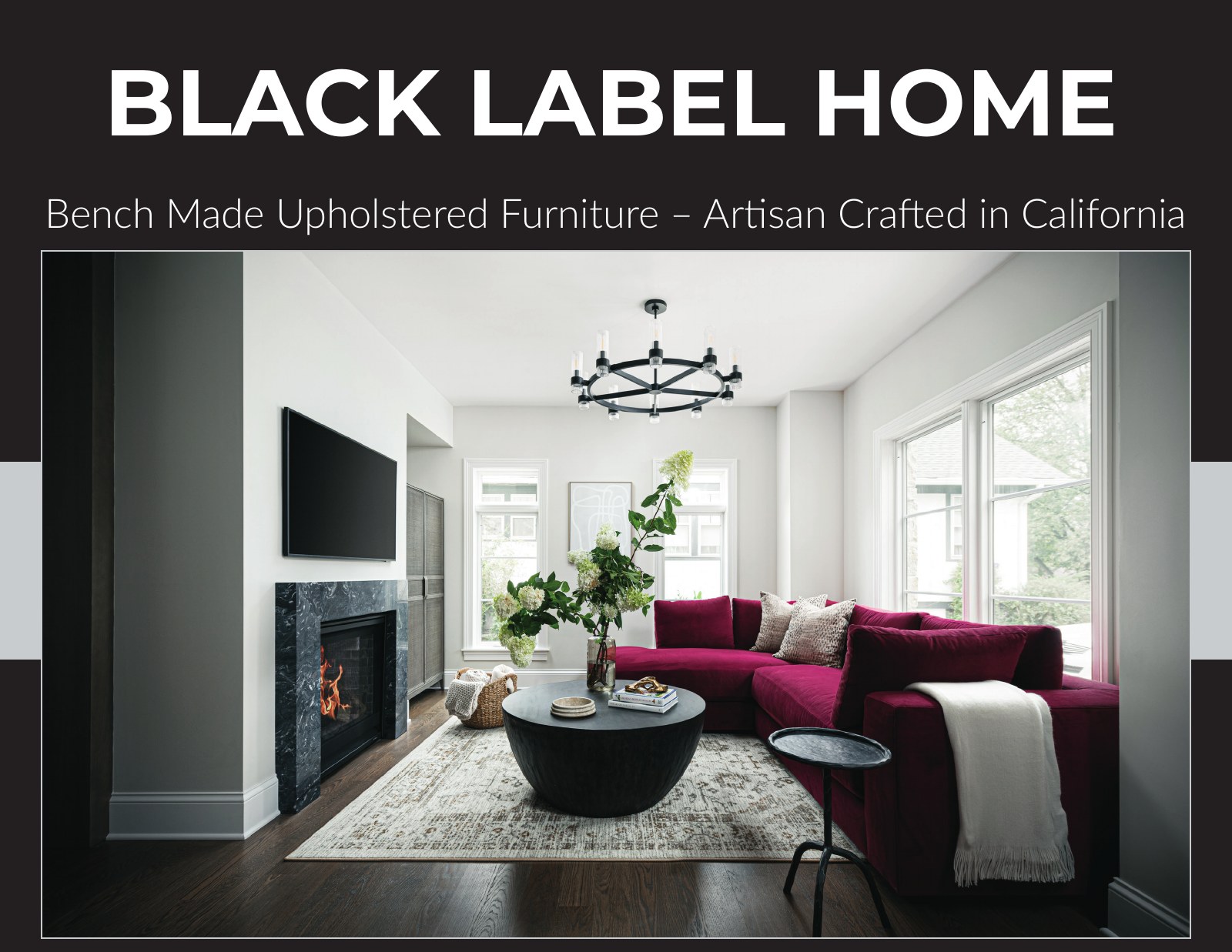 Black Label Home lookbook cover featuring a custom upholstered sectional in a residential interior