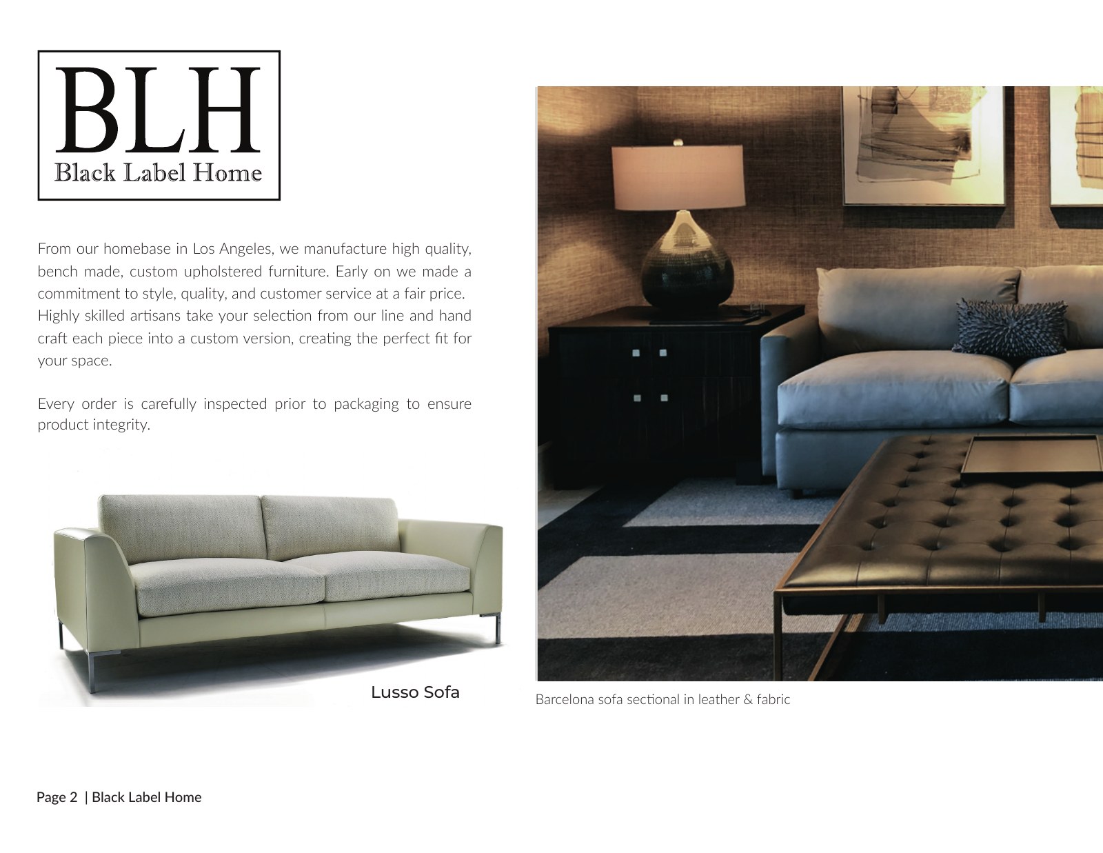 Black Label Home lookbook spread with brand copy and upholstered furniture imagery