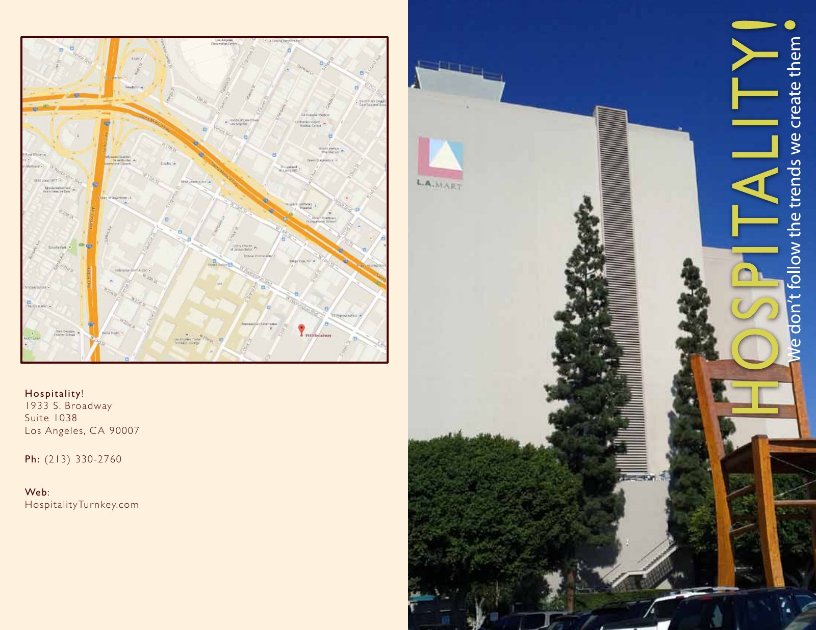 Hospitality showroom brochure cover with the brand identity and LA Mart location imagery