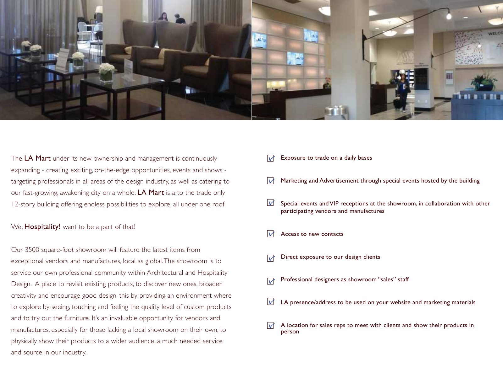 Hospitality showroom brochure presenting its trade design resource and furnishings offering